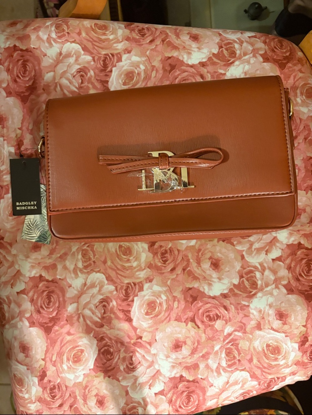 Badgley Mischka Cognac Leather Crossbody with Bow and Gold Logo
